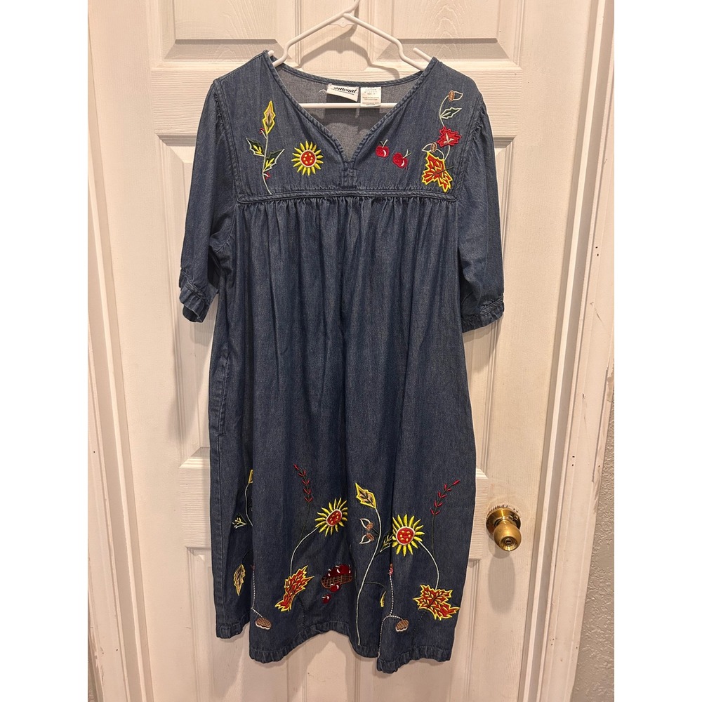 National Blue Denim Embroidered Floral Apple MuMu Dress Womens 1X Pockets Cotton